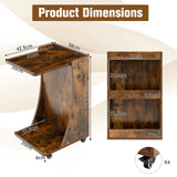 C-shaped Mobile Side Table with 2-Tier Open Shelf &amp; 2 Compartments-Brown