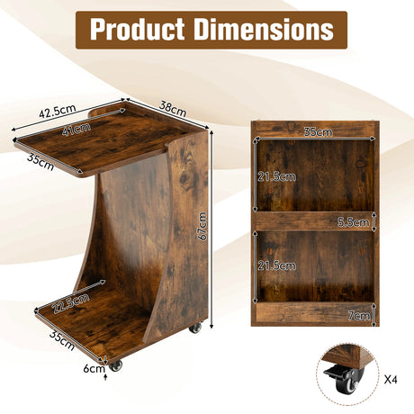 C-shaped Mobile Side Table with 2-Tier Open Shelf &amp; 2 Compartments-Brown