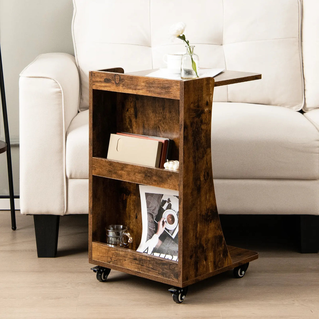 C-shaped Mobile Side Table with 2-Tier Open Shelf &amp; 2 Compartments-Brown