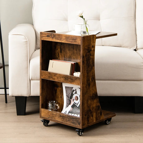 C-shaped Mobile Side Table with 2-Tier Open Shelf &amp; 2 Compartments-Brown