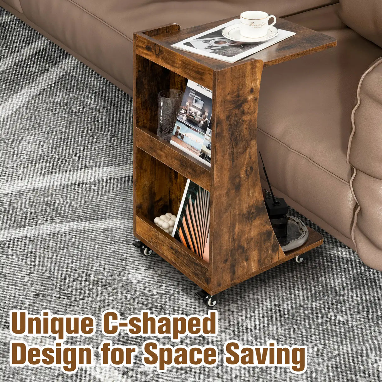 C-shaped Mobile Side Table with 2-Tier Open Shelf &amp; 2 Compartments-Brown