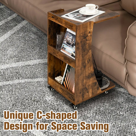 C-shaped Mobile Side Table with 2-Tier Open Shelf &amp; 2 Compartments-Brown