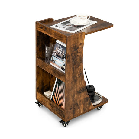 C-shaped Mobile Side Table with 2-Tier Open Shelf &amp; 2 Compartments-Brown
