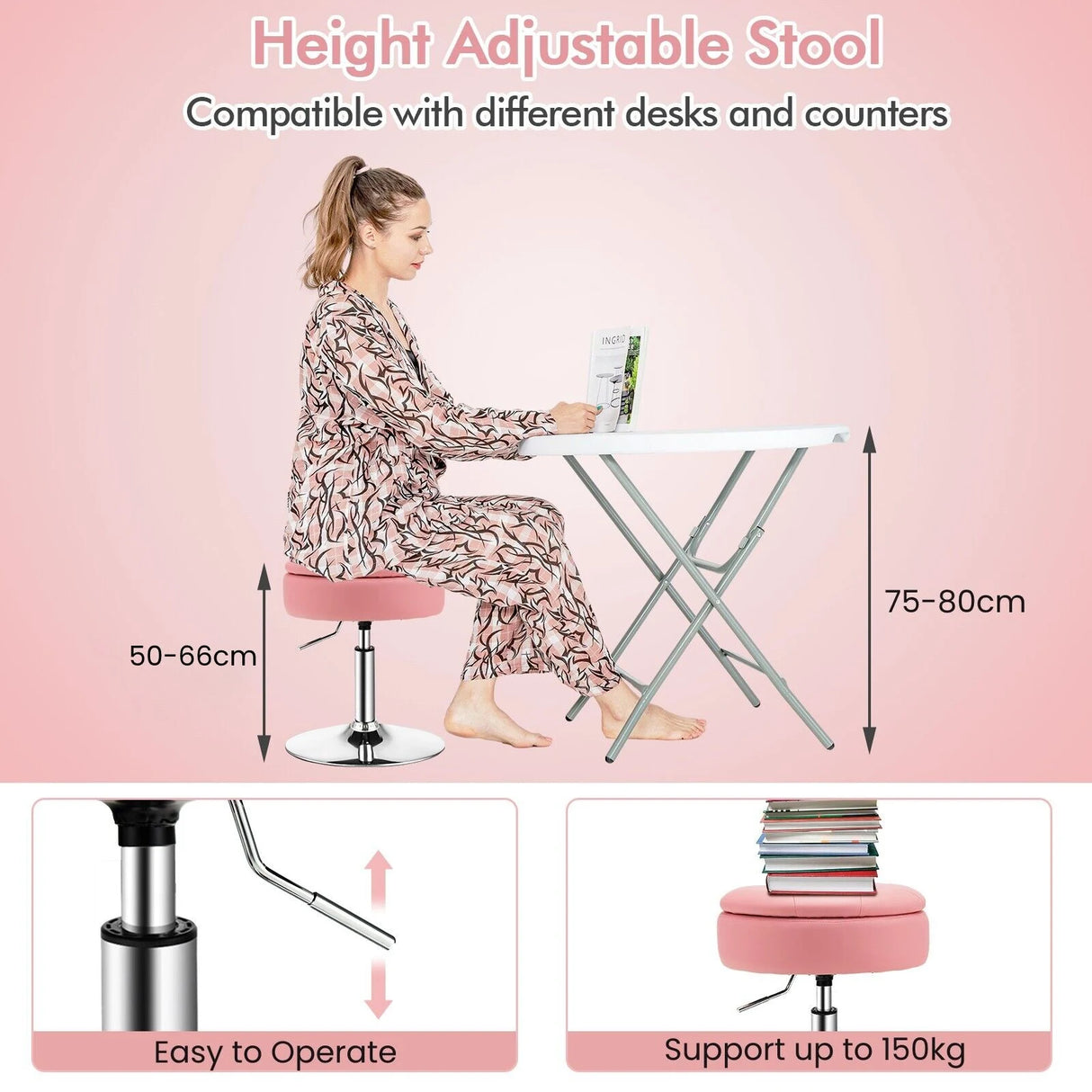 360 Swivel Adjustable Stool with PU Leather Seat-Pink