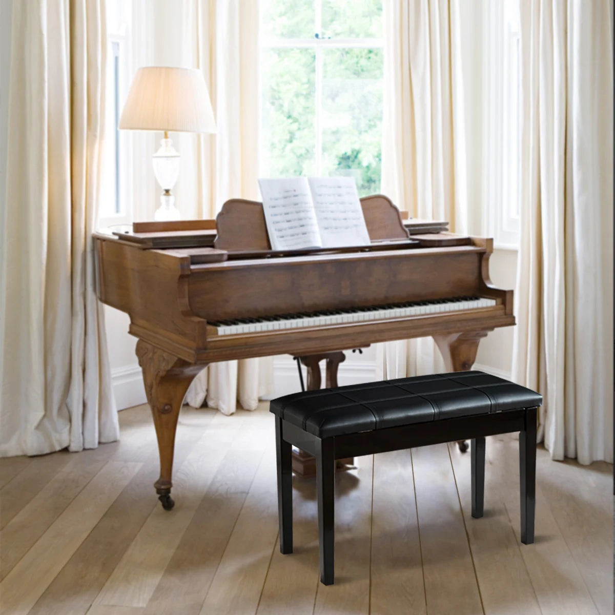 Solid Wood PU Leather Piano Double Duet Keyboard Bench-Black