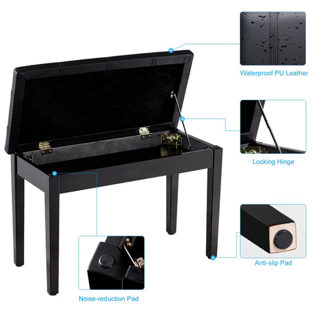 Solid Wood PU Leather Piano Double Duet Keyboard Bench-Black