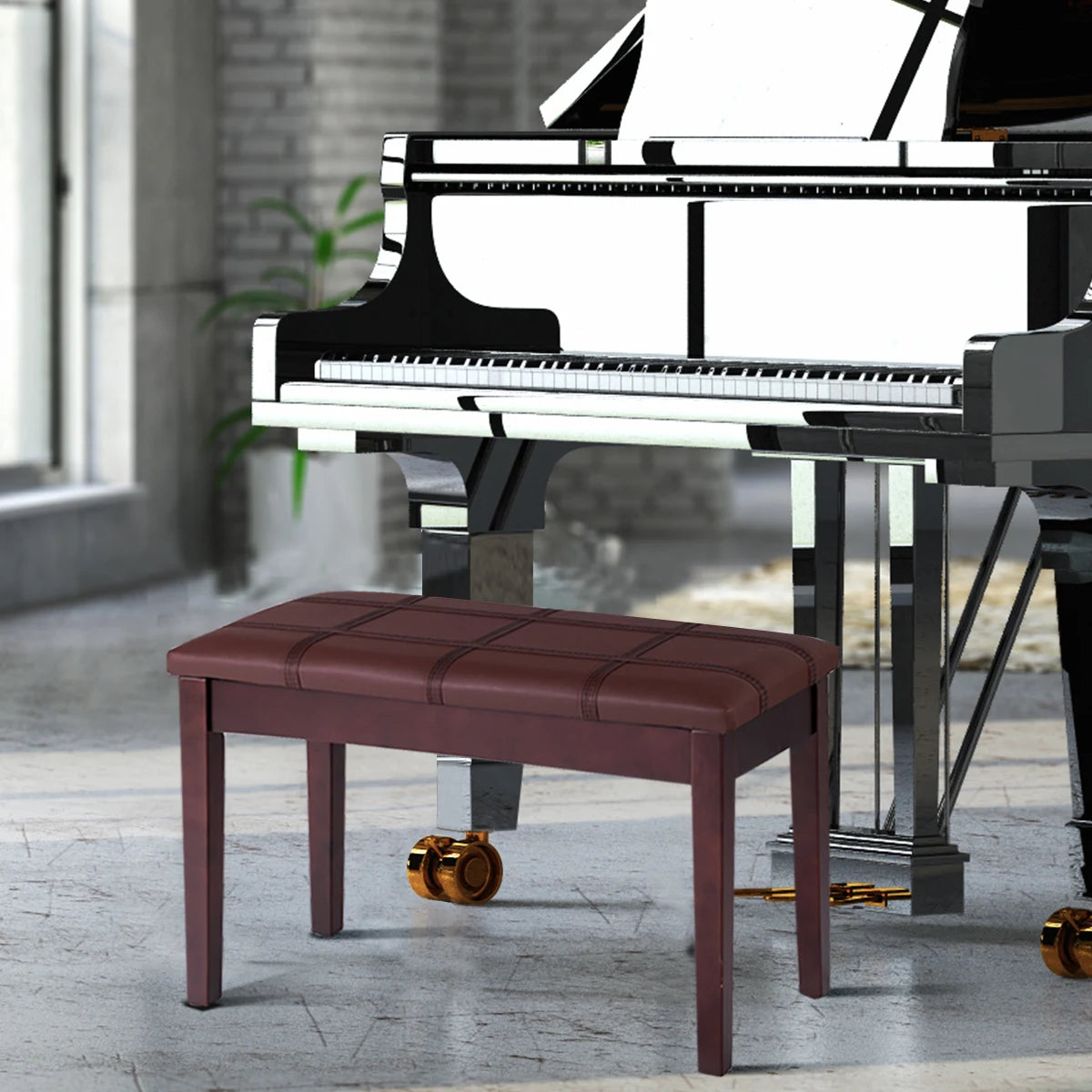 Solid Wood PU Leather Piano Double Duet Keyboard Bench-Brown