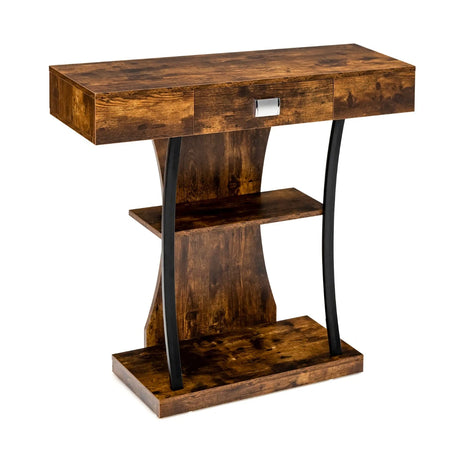Console Table with Drawer and 2-Tier Shelves for Entryway Living Room-Rustic Brown