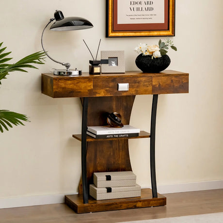 Console Table with Drawer and 2-Tier Shelves for Entryway Living Room-Rustic Brown