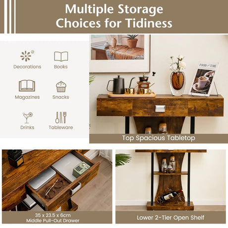 Console Table with Drawer and 2-Tier Shelves for Entryway Living Room-Rustic Brown