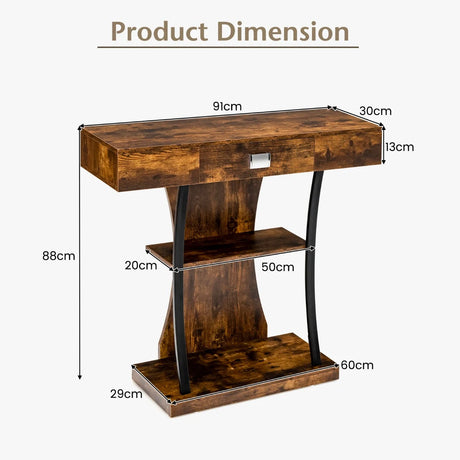 Console Table with Drawer and 2-Tier Shelves for Entryway Living Room-Rustic Brown
