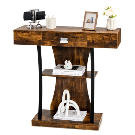 Console Table with Drawer and 2-Tier Shelves for Entryway Living Room-Rustic Brown