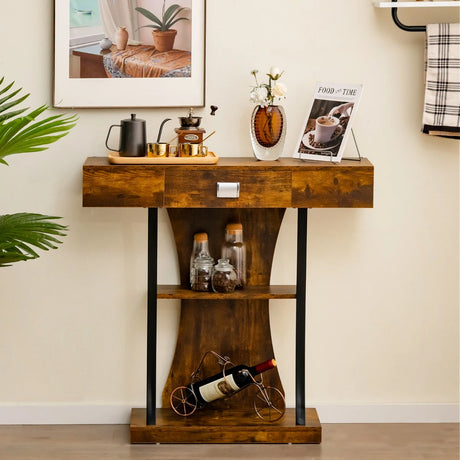 Console Table with Drawer and 2-Tier Shelves for Entryway Living Room-Rustic Brown