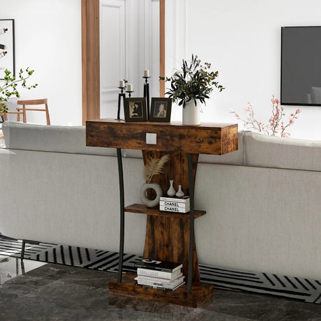 Console Table with Drawer and 2-Tier Shelves for Entryway Living Room-Rustic Brown