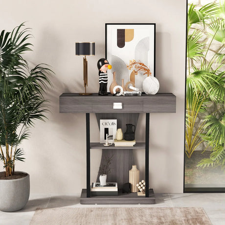 Console Table with Drawer and 2-Tier Shelves for Entryway Living Room-Gray