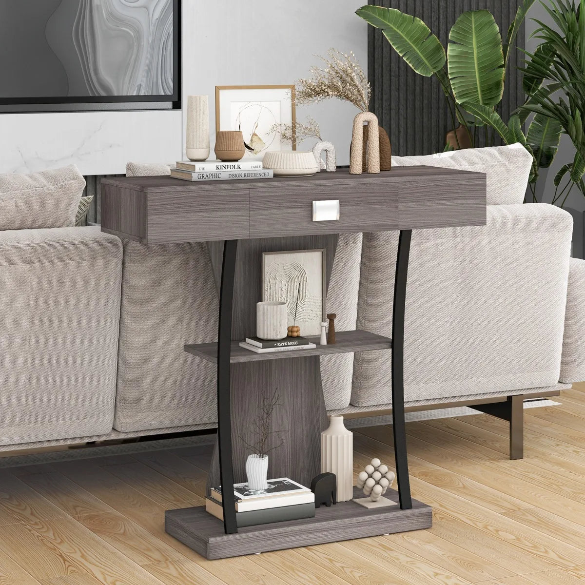 Console Table with Drawer and 2-Tier Shelves for Entryway Living Room-Gray