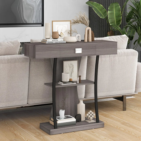 Console Table with Drawer and 2-Tier Shelves for Entryway Living Room-Gray