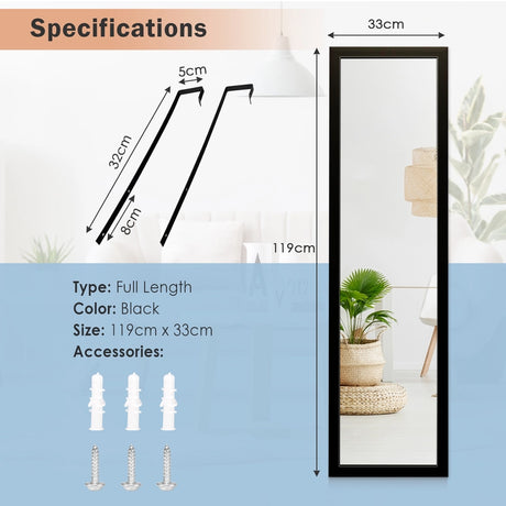 Full Length Mirror with Hanging Hooks for Bedroom Black