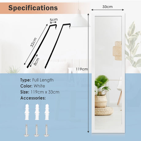 Full Length Mirror with Hanging Hooks for Bedroom White