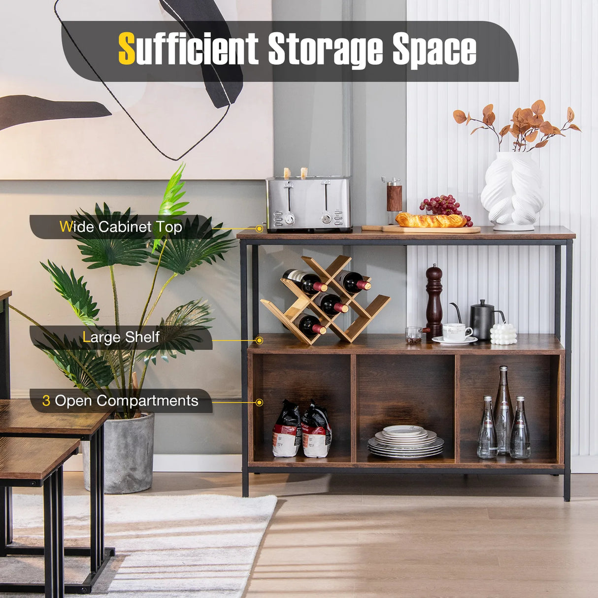 Modern Kitchen Buffet Sideboard with 3 Compartments-Rustic Brown
