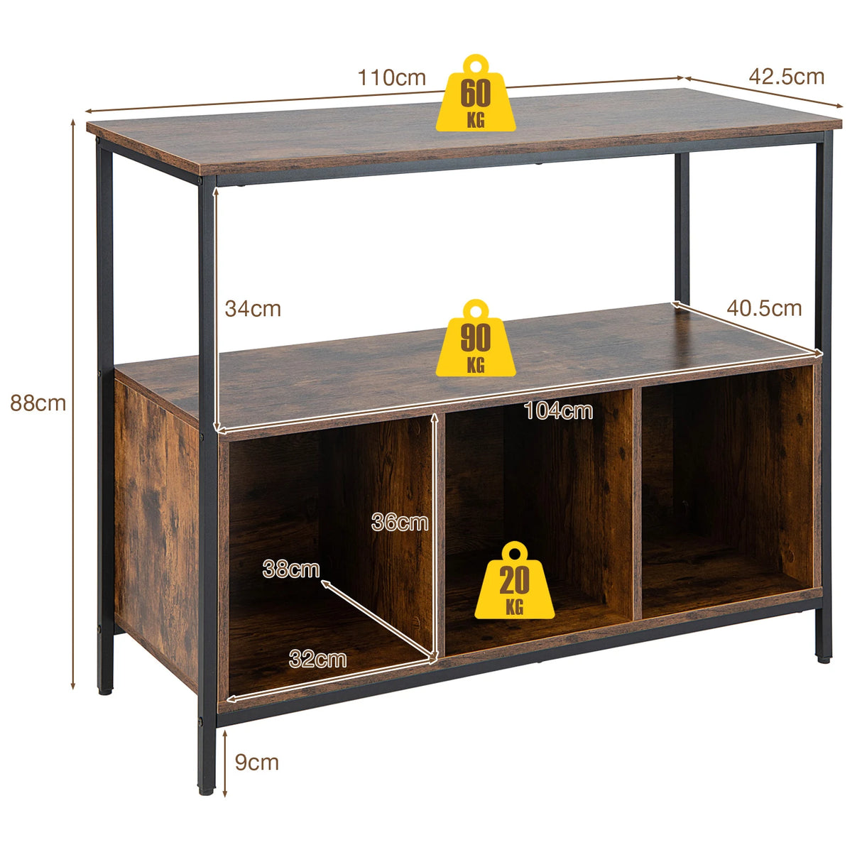 Modern Kitchen Buffet Sideboard with 3 Compartments-Rustic Brown