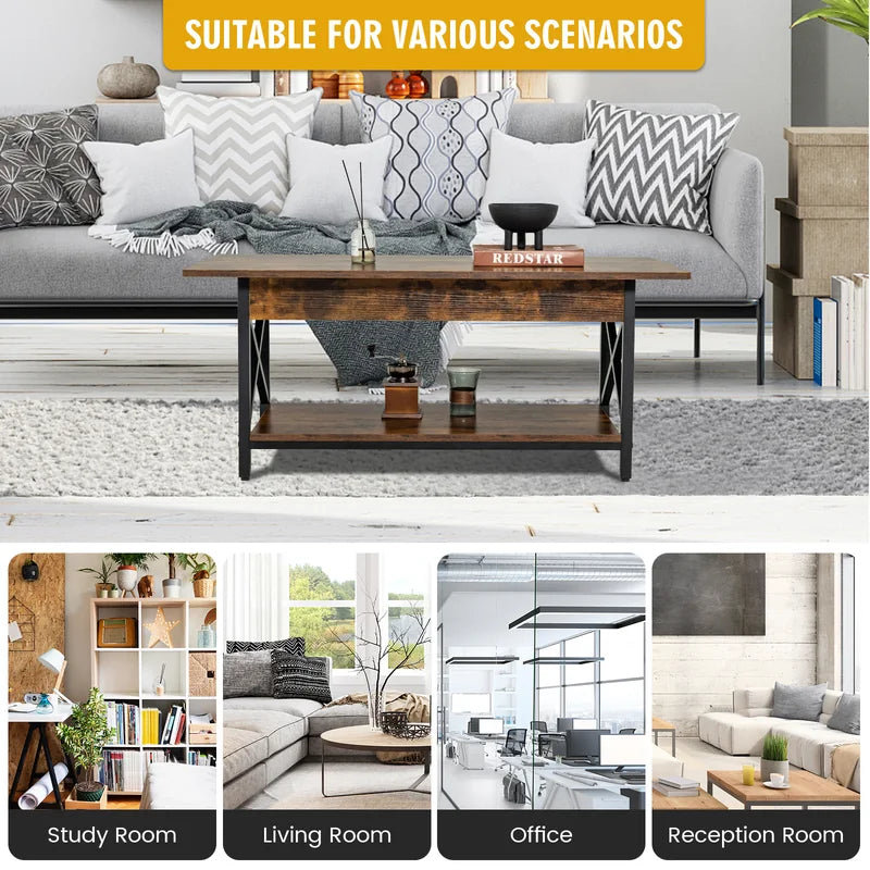2-Tier Industrial Coffee Table for Living Room Bedroom Office-Rustic Brown