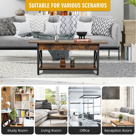 2-Tier Industrial Coffee Table for Living Room Bedroom Office-Rustic Brown