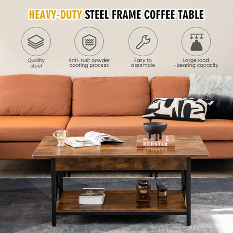 2-Tier Industrial Coffee Table for Living Room Bedroom Office-Rustic Brown