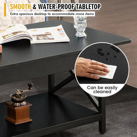 2-Tier Industrial Coffee Table for Living Room Bedroom Office-Black