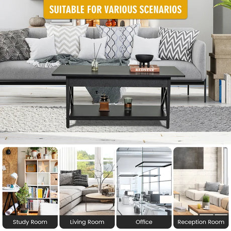 2-Tier Industrial Coffee Table for Living Room Bedroom Office-Black