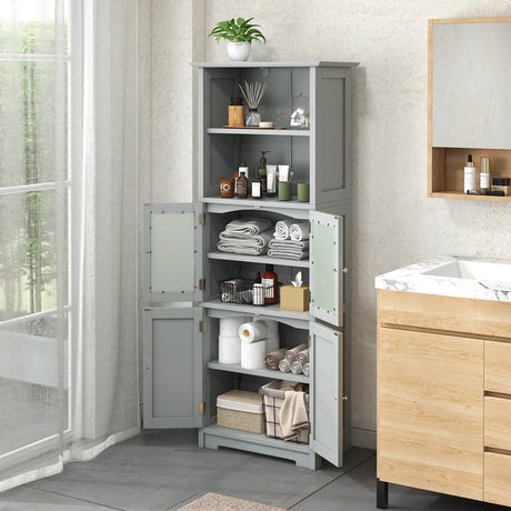 6-Tier Freestanding Bathroom Cabinet with 2 Open Compartments and Adjustable Shelves-Gray