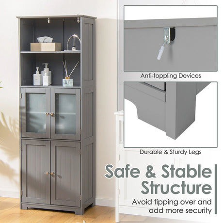 6-Tier Freestanding Bathroom Cabinet with 2 Open Compartments and Adjustable Shelves-Gray