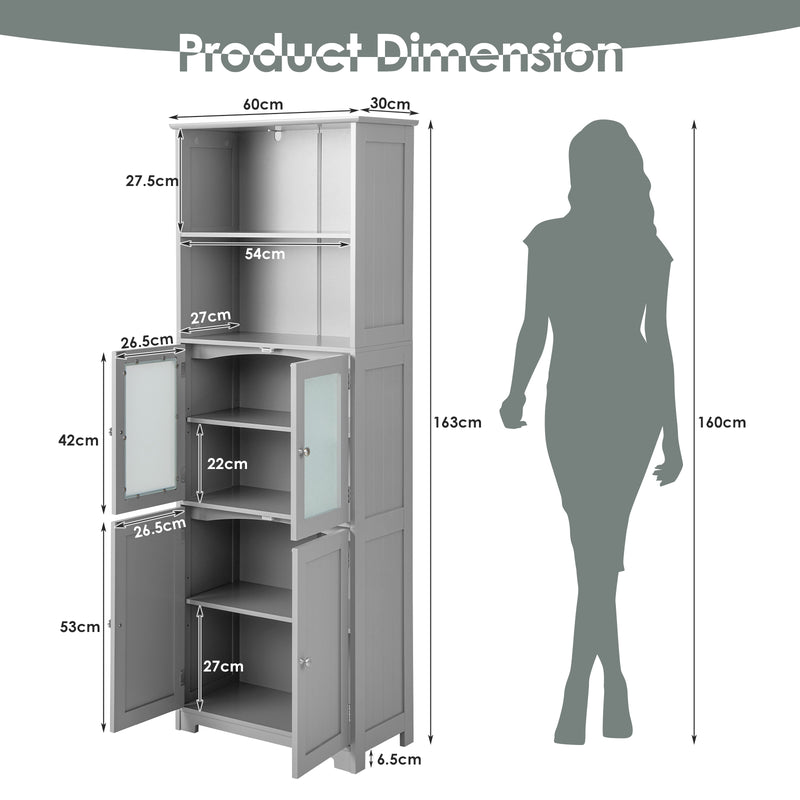 6-Tier Freestanding Bathroom Cabinet with 2 Open Compartments and Adjustable Shelves-Gray