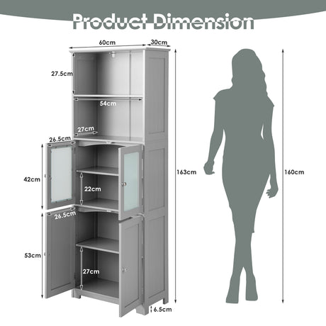 6-Tier Freestanding Bathroom Cabinet with 2 Open Compartments and Adjustable Shelves-Gray