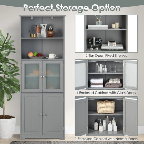 6-Tier Freestanding Bathroom Cabinet with 2 Open Compartments and Adjustable Shelves-Gray