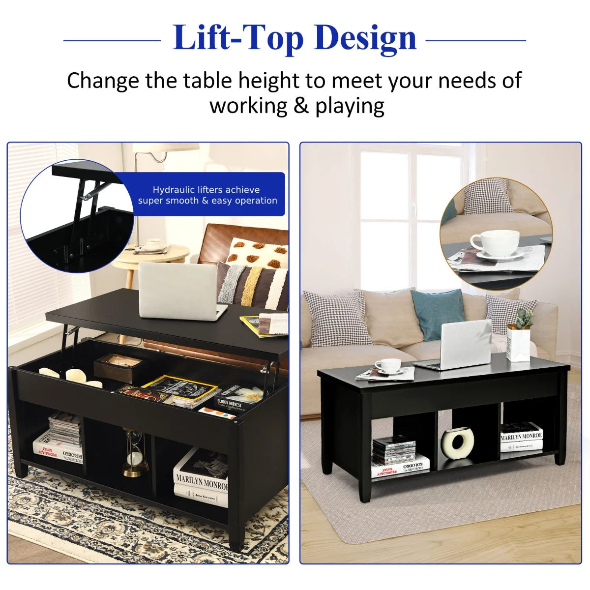 Rising Center Table with Lift Top Hidden Compartment-Black