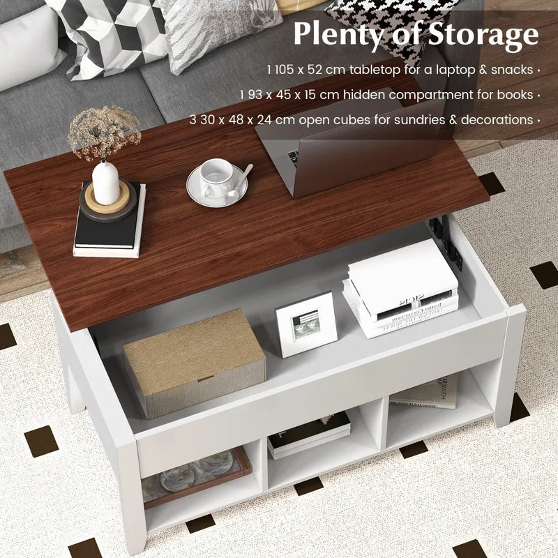 Rising Center Table with Lift Top Hidden Compartment-White