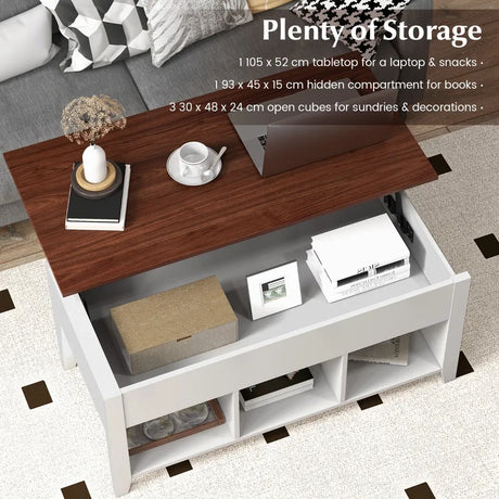 Rising Center Table with Lift Top Hidden Compartment-White