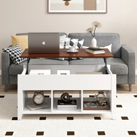 Rising Center Table with Lift Top Hidden Compartment-White