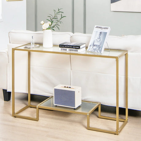 48 Inch 2-Tier Console Table with Tempered Glass Tabletop for Hallway-Golden