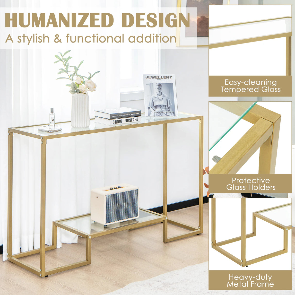 48 Inch 2-Tier Console Table with Tempered Glass Tabletop for Hallway-Golden