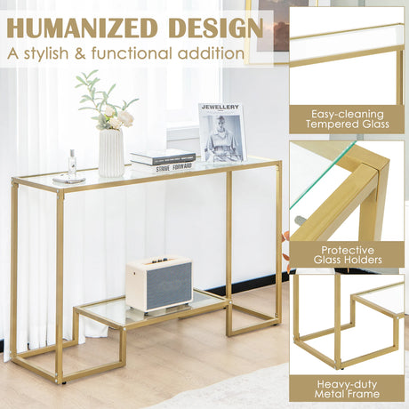 48 Inch 2-Tier Console Table with Tempered Glass Tabletop for Hallway-Golden