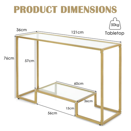 48 Inch 2-Tier Console Table with Tempered Glass Tabletop for Hallway-Golden