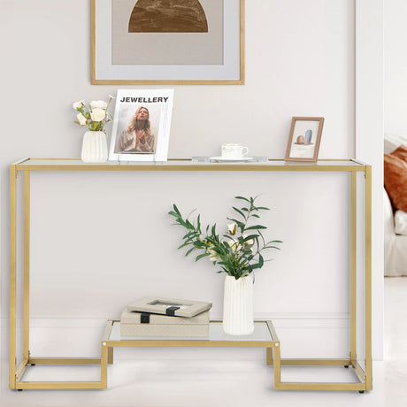 48 Inch 2-Tier Console Table with Tempered Glass Tabletop for Hallway-Golden