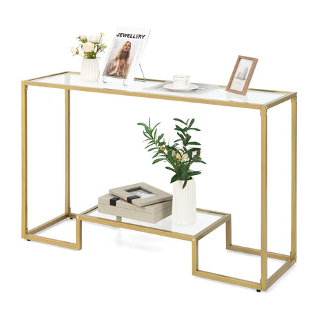 48 Inch 2-Tier Console Table with Tempered Glass Tabletop for Hallway-Golden