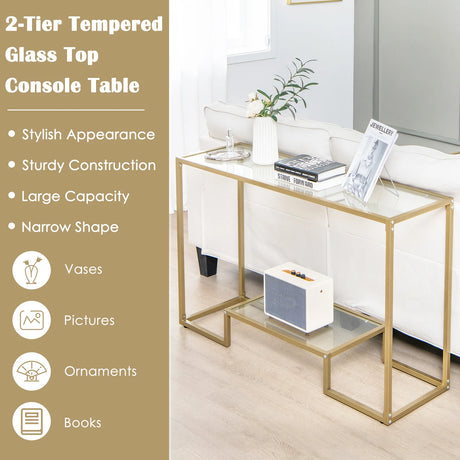 48 Inch 2-Tier Console Table with Tempered Glass Tabletop for Hallway-Golden