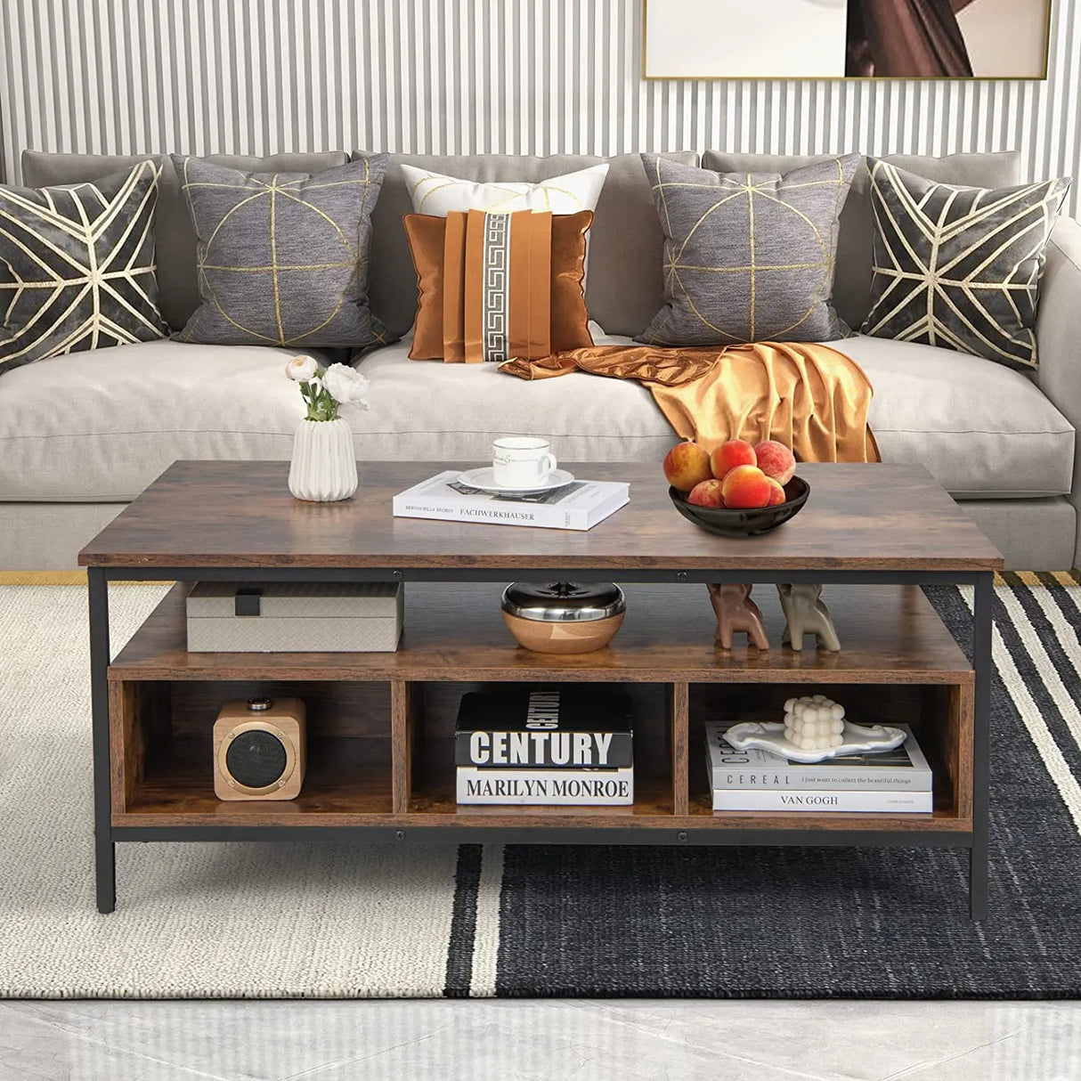 Wooden Cocktail Center Table with Storage Shelf for Living Room