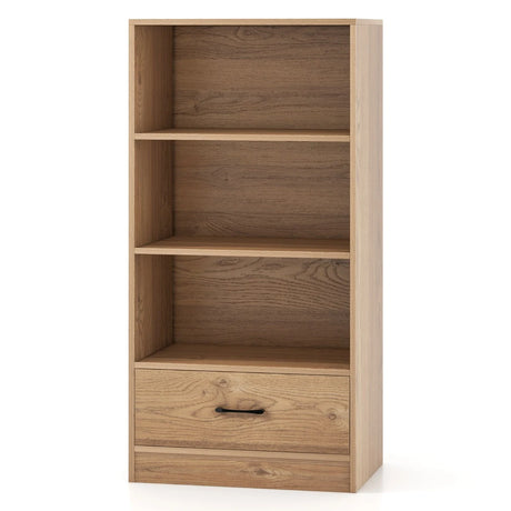 4-Tier Storage Bookcase with Open Shelves Drawer and Anti-toppling Device-Natural