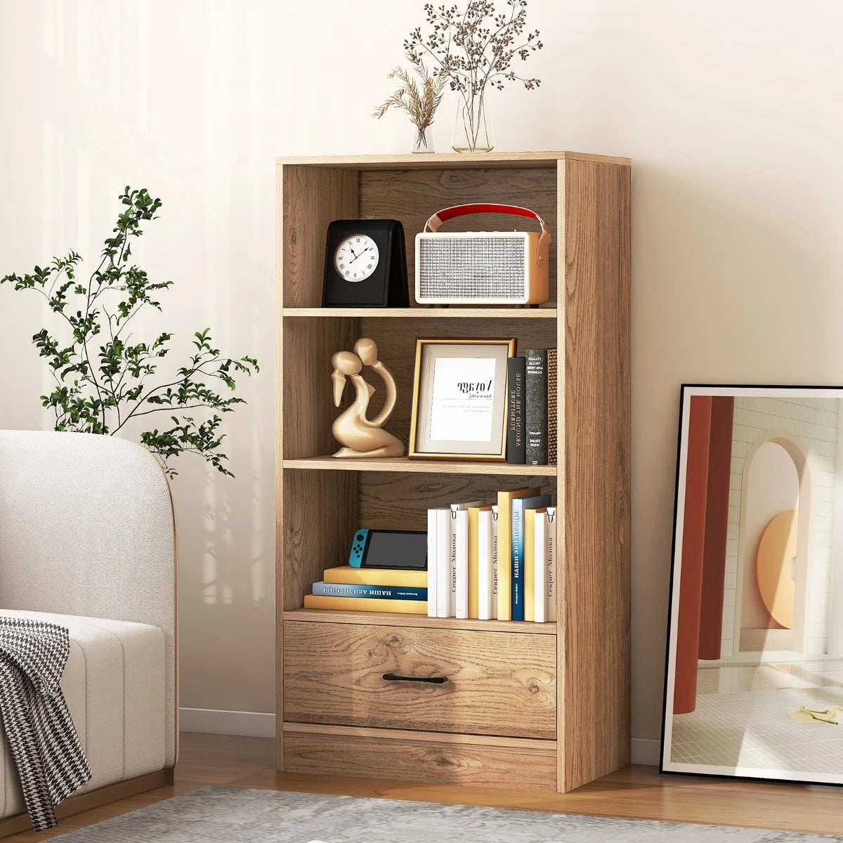 4-Tier Storage Bookcase with Open Shelves Drawer and Anti-toppling Device-Natural