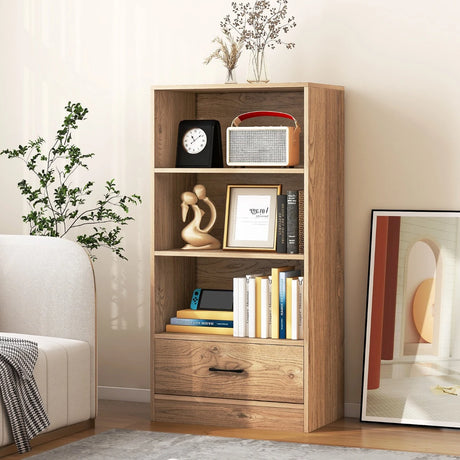 4-Tier Storage Bookcase with Open Shelves Drawer and Anti-toppling Device-Natural